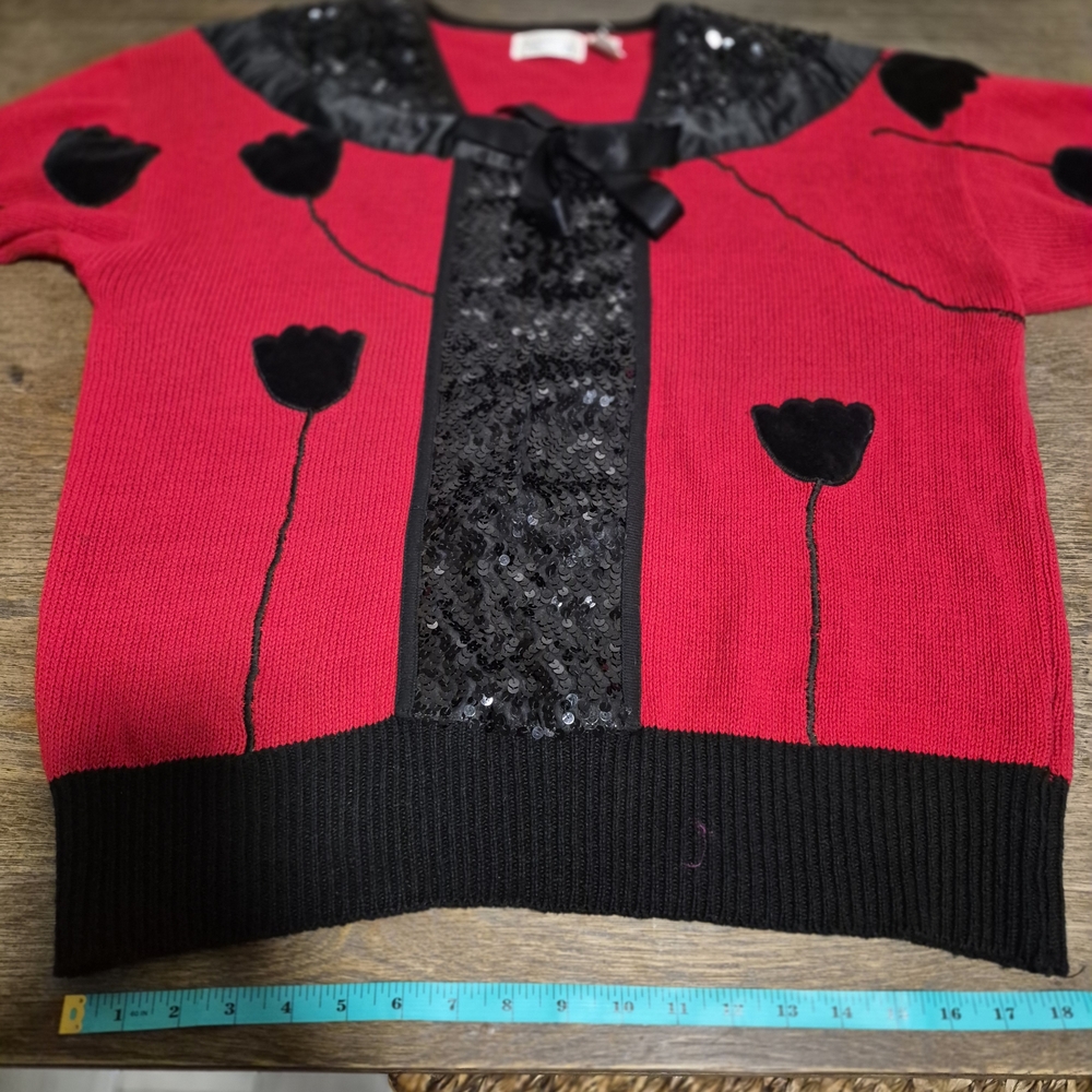 Vintage 80s Red Black Sequin Floral Tulip Cardigan Sweater Women's Plus Size 1X - Picture 8 of 10